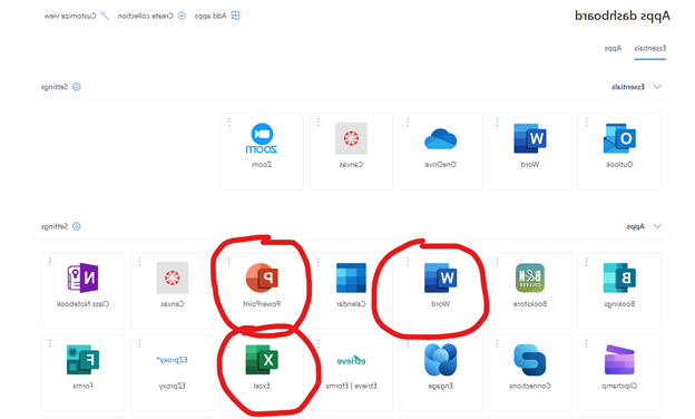 Image depicts the MyApps Homepage, with the icons for MS Word, MS PowerPoint, and MS Excel circled